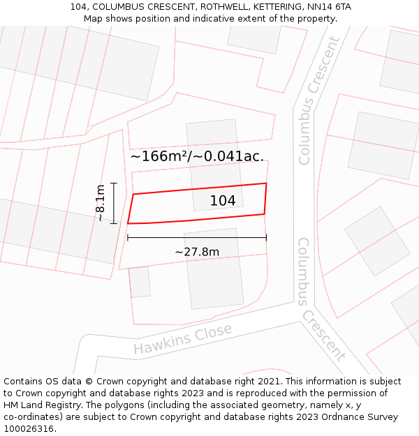 104, COLUMBUS CRESCENT, ROTHWELL, KETTERING, NN14 6TA: Plot and title map