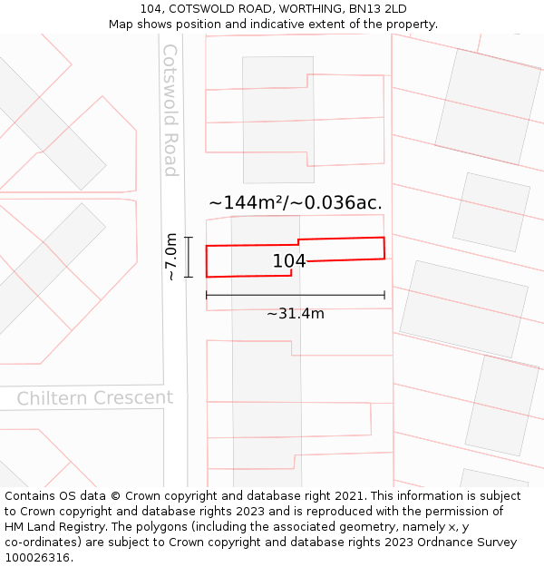 104, COTSWOLD ROAD, WORTHING, BN13 2LD: Plot and title map