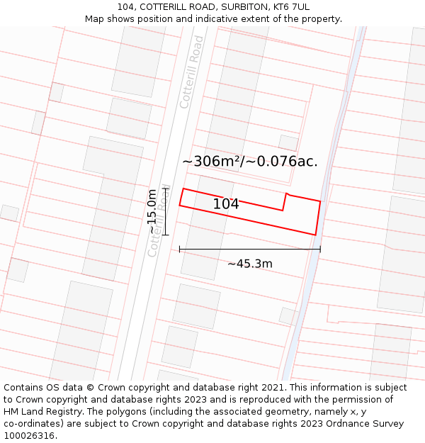 104, COTTERILL ROAD, SURBITON, KT6 7UL: Plot and title map