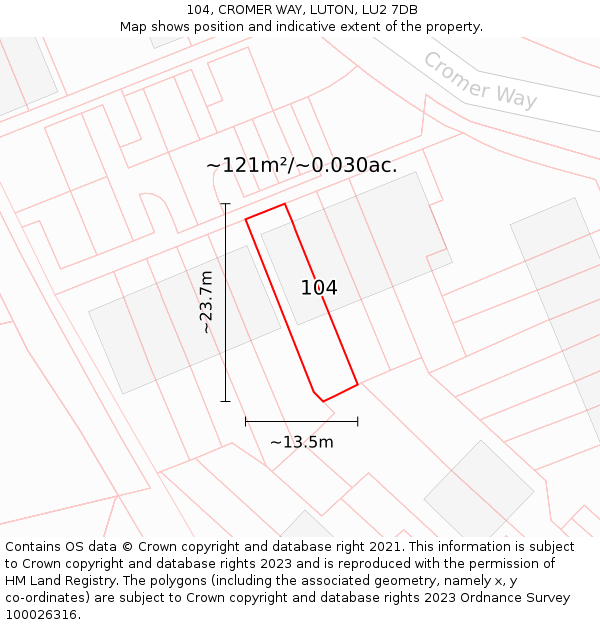 104, CROMER WAY, LUTON, LU2 7DB: Plot and title map
