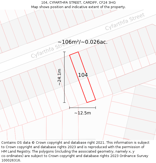 104, CYFARTHFA STREET, CARDIFF, CF24 3HG: Plot and title map