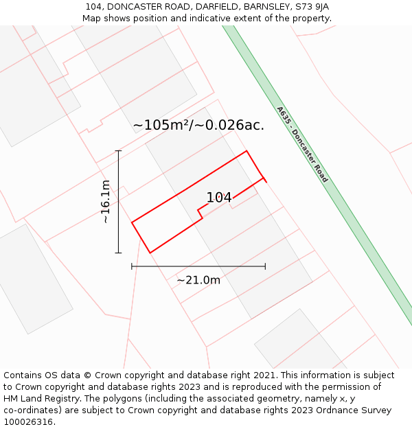 104, DONCASTER ROAD, DARFIELD, BARNSLEY, S73 9JA: Plot and title map