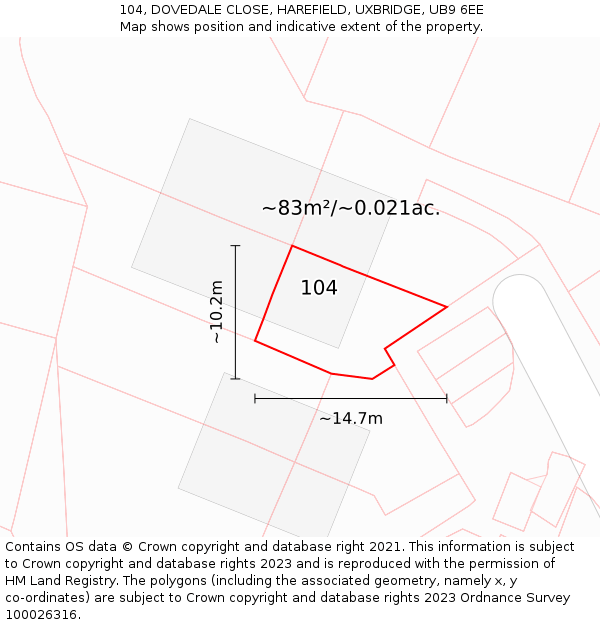 104, DOVEDALE CLOSE, HAREFIELD, UXBRIDGE, UB9 6EE: Plot and title map