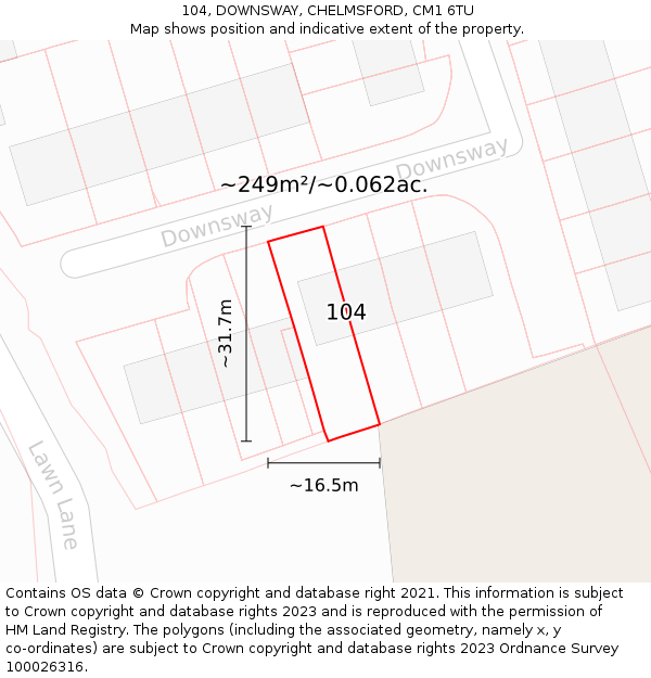 104, DOWNSWAY, CHELMSFORD, CM1 6TU: Plot and title map
