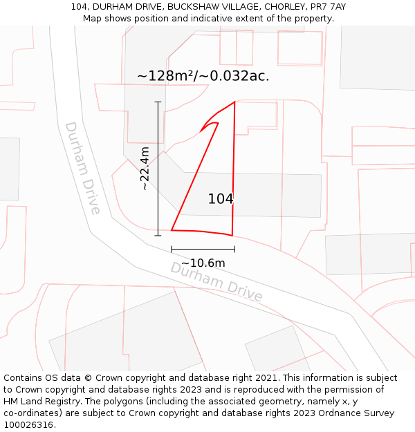 104, DURHAM DRIVE, BUCKSHAW VILLAGE, CHORLEY, PR7 7AY: Plot and title map
