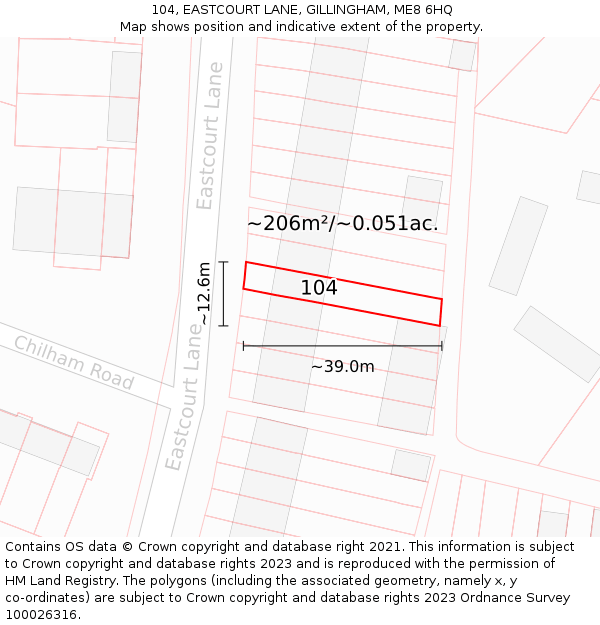 104, EASTCOURT LANE, GILLINGHAM, ME8 6HQ: Plot and title map