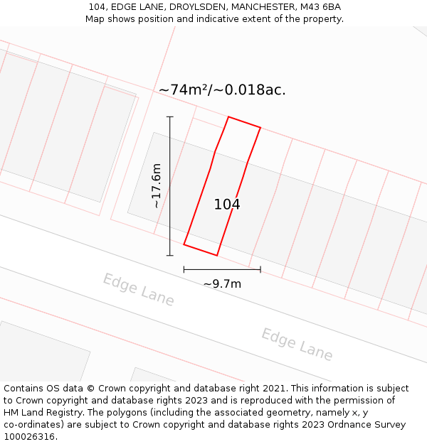 104, EDGE LANE, DROYLSDEN, MANCHESTER, M43 6BA: Plot and title map