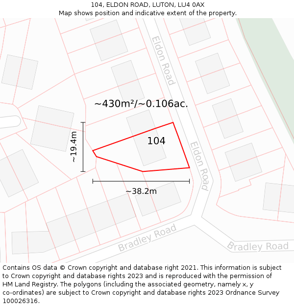 104, ELDON ROAD, LUTON, LU4 0AX: Plot and title map