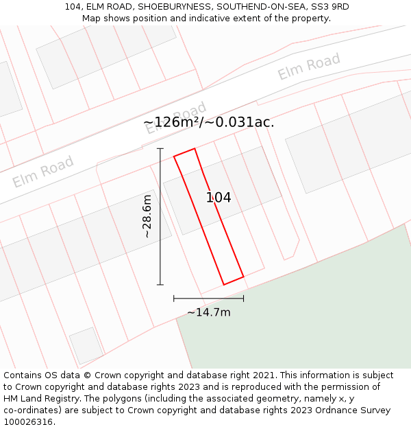 104, ELM ROAD, SHOEBURYNESS, SOUTHEND-ON-SEA, SS3 9RD: Plot and title map