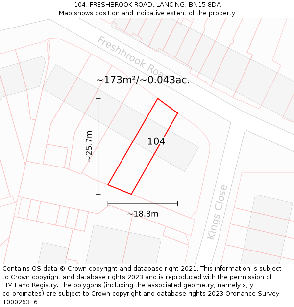 104, FRESHBROOK ROAD, LANCING, BN15 8DA: Plot and title map