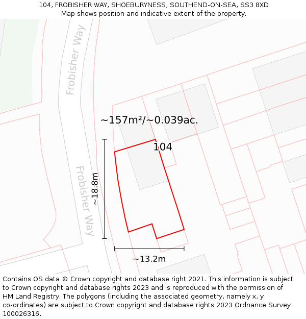104, FROBISHER WAY, SHOEBURYNESS, SOUTHEND-ON-SEA, SS3 8XD: Plot and title map