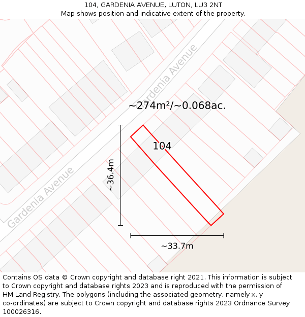 104, GARDENIA AVENUE, LUTON, LU3 2NT: Plot and title map