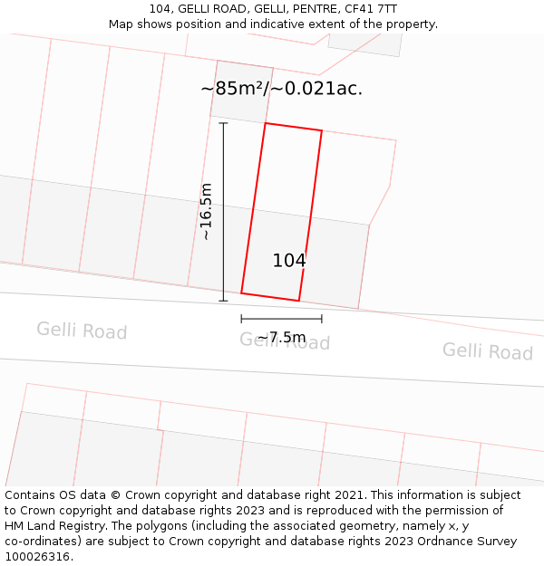 104, GELLI ROAD, GELLI, PENTRE, CF41 7TT: Plot and title map