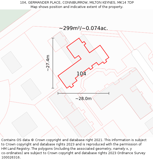 104, GERMANDER PLACE, CONNIBURROW, MILTON KEYNES, MK14 7DP: Plot and title map
