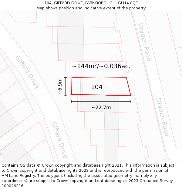 104, GIFFARD DRIVE, FARNBOROUGH, GU14 8QD: Plot and title map