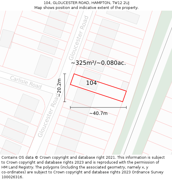 104, GLOUCESTER ROAD, HAMPTON, TW12 2UJ: Plot and title map