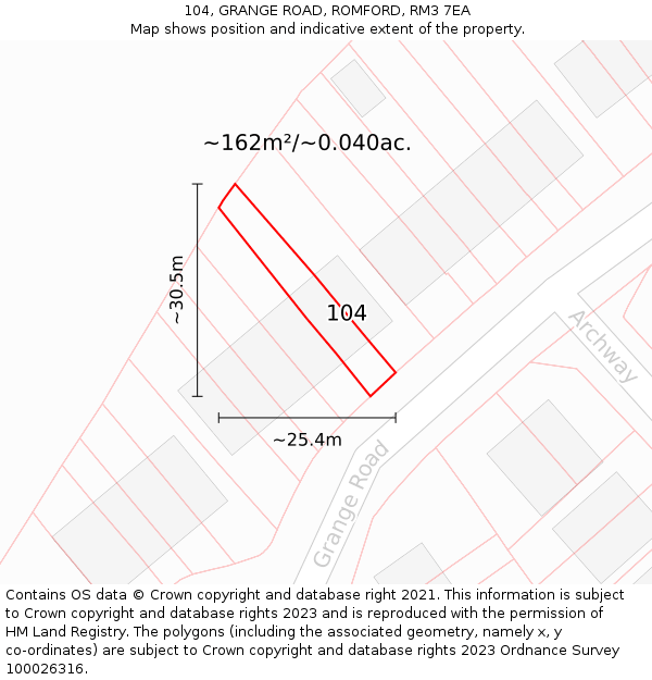 104, GRANGE ROAD, ROMFORD, RM3 7EA: Plot and title map