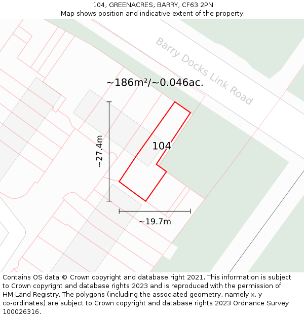 104, GREENACRES, BARRY, CF63 2PN: Plot and title map