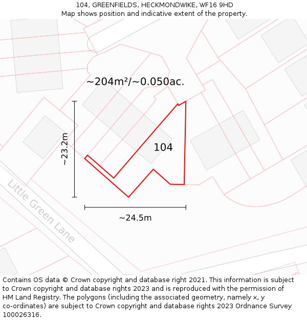 104, GREENFIELDS, HECKMONDWIKE, WF16 9HD: Plot and title map