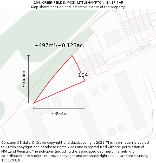 104, GREENFIELDS, WICK, LITTLEHAMPTON, BN17 7HF: Plot and title map