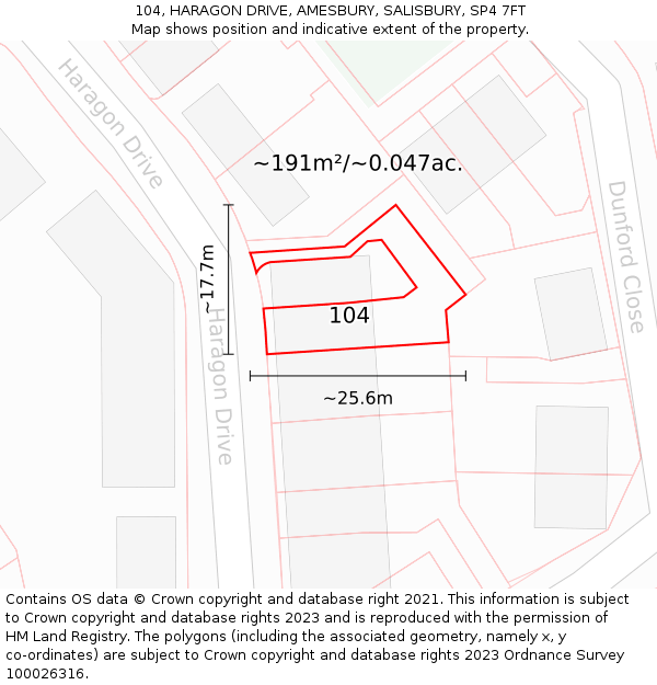 104, HARAGON DRIVE, AMESBURY, SALISBURY, SP4 7FT: Plot and title map