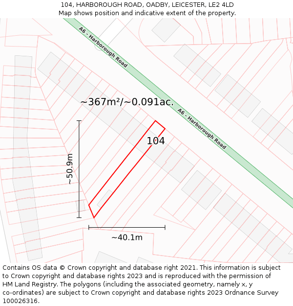 104, HARBOROUGH ROAD, OADBY, LEICESTER, LE2 4LD: Plot and title map