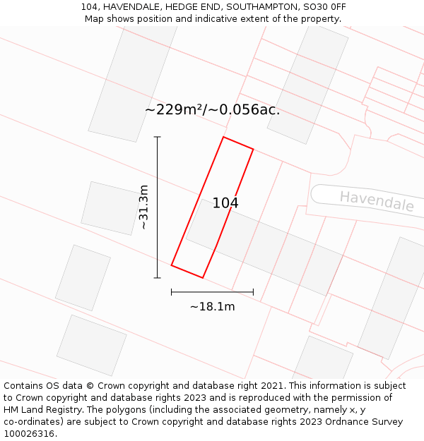 104, HAVENDALE, HEDGE END, SOUTHAMPTON, SO30 0FF: Plot and title map