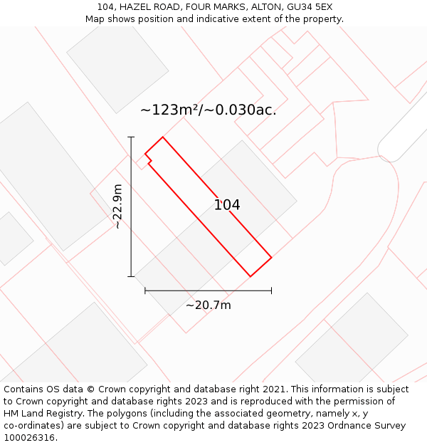 104, HAZEL ROAD, FOUR MARKS, ALTON, GU34 5EX: Plot and title map