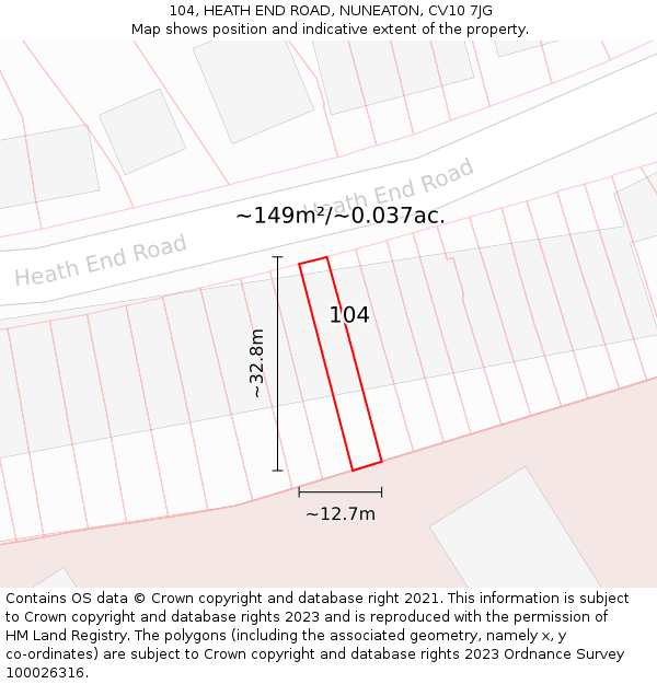 104, HEATH END ROAD, NUNEATON, CV10 7JG: Plot and title map