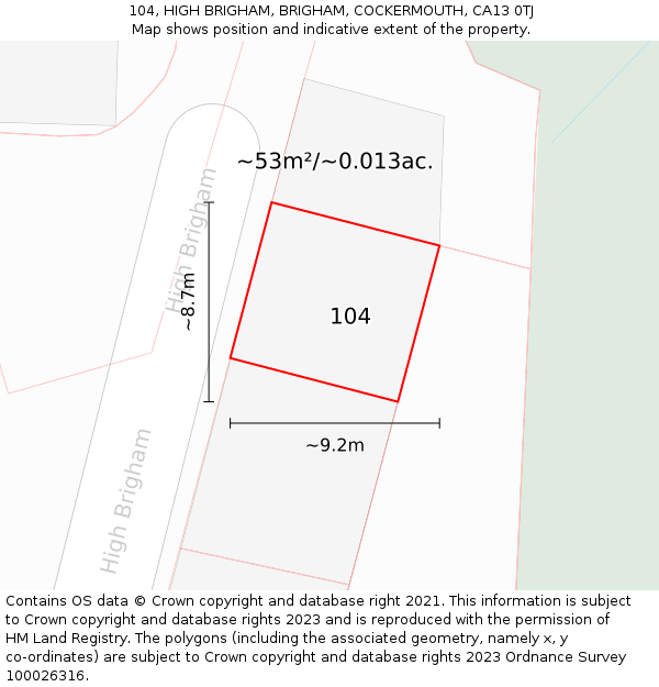104, HIGH BRIGHAM, BRIGHAM, COCKERMOUTH, CA13 0TJ: Plot and title map
