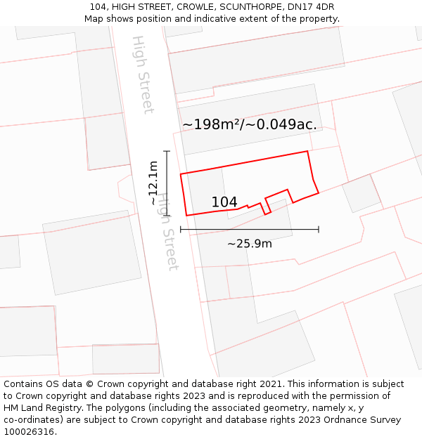 104, HIGH STREET, CROWLE, SCUNTHORPE, DN17 4DR: Plot and title map