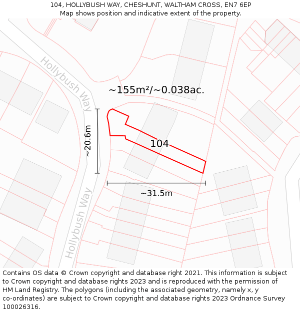 104, HOLLYBUSH WAY, CHESHUNT, WALTHAM CROSS, EN7 6EP: Plot and title map
