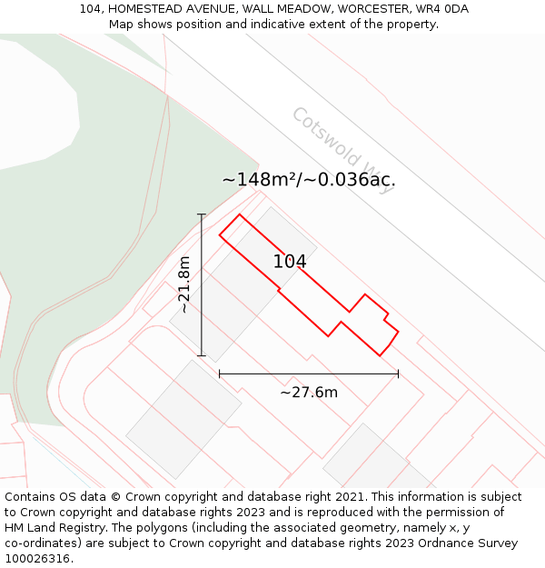 104, HOMESTEAD AVENUE, WALL MEADOW, WORCESTER, WR4 0DA: Plot and title map