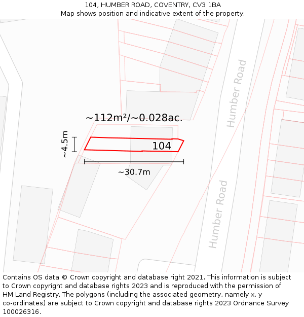 104, HUMBER ROAD, COVENTRY, CV3 1BA: Plot and title map