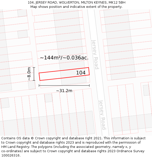 104, JERSEY ROAD, WOLVERTON, MILTON KEYNES, MK12 5BH: Plot and title map