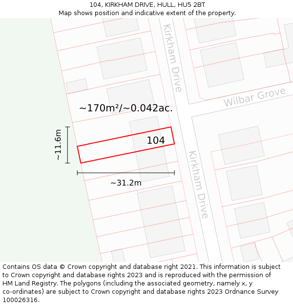 104, KIRKHAM DRIVE, HULL, HU5 2BT: Plot and title map
