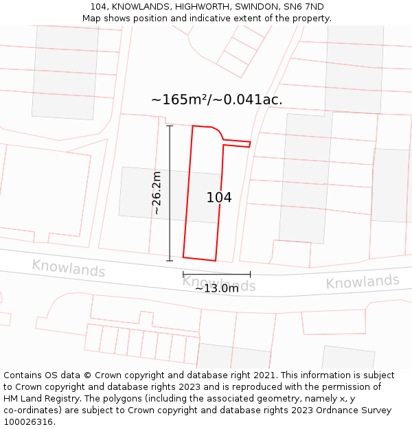 104, KNOWLANDS, HIGHWORTH, SWINDON, SN6 7ND: Plot and title map