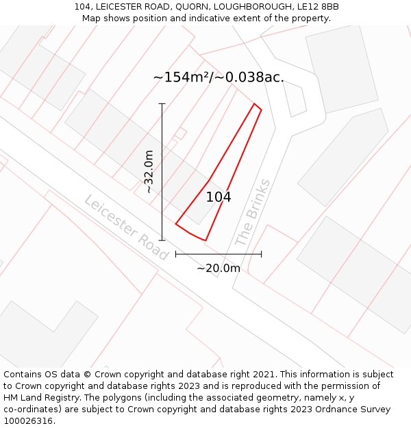 104, LEICESTER ROAD, QUORN, LOUGHBOROUGH, LE12 8BB: Plot and title map
