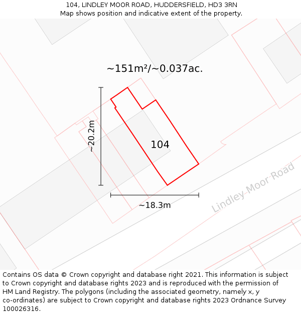 104, LINDLEY MOOR ROAD, HUDDERSFIELD, HD3 3RN: Plot and title map