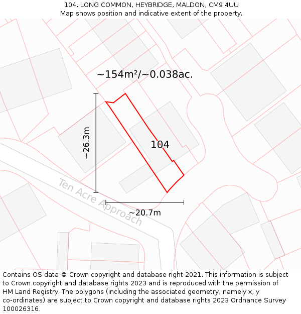 104, LONG COMMON, HEYBRIDGE, MALDON, CM9 4UU: Plot and title map
