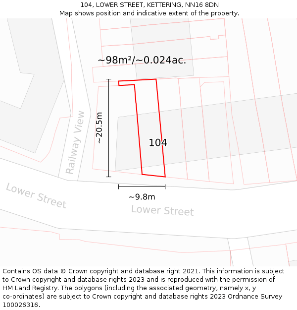 104, LOWER STREET, KETTERING, NN16 8DN: Plot and title map