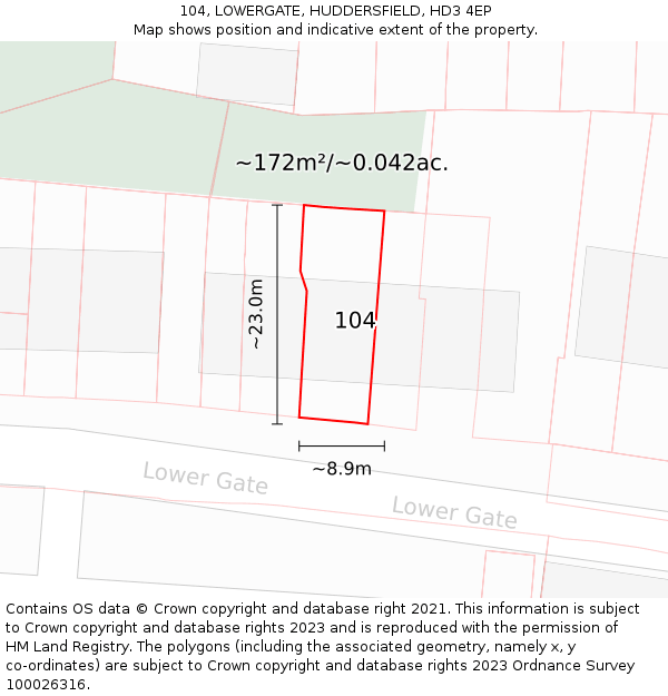 104, LOWERGATE, HUDDERSFIELD, HD3 4EP: Plot and title map
