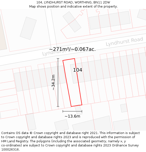 104, LYNDHURST ROAD, WORTHING, BN11 2DW: Plot and title map