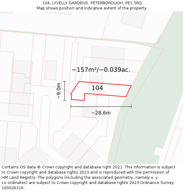104, LYVELLY GARDENS, PETERBOROUGH, PE1 5RQ: Plot and title map
