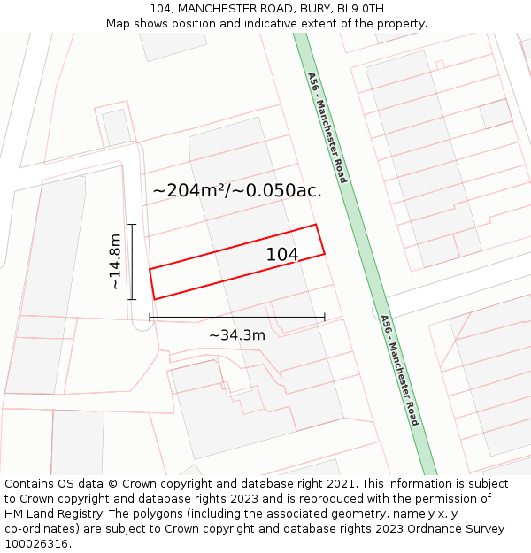 104, MANCHESTER ROAD, BURY, BL9 0TH: Plot and title map
