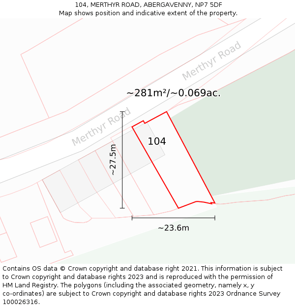 104, MERTHYR ROAD, ABERGAVENNY, NP7 5DF: Plot and title map