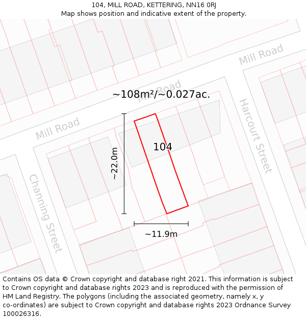 104, MILL ROAD, KETTERING, NN16 0RJ: Plot and title map