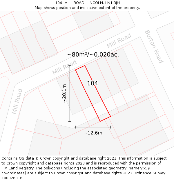 104, MILL ROAD, LINCOLN, LN1 3JH: Plot and title map
