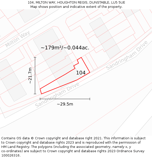 104, MILTON WAY, HOUGHTON REGIS, DUNSTABLE, LU5 5UE: Plot and title map