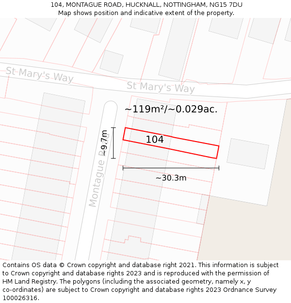 104, MONTAGUE ROAD, HUCKNALL, NOTTINGHAM, NG15 7DU: Plot and title map